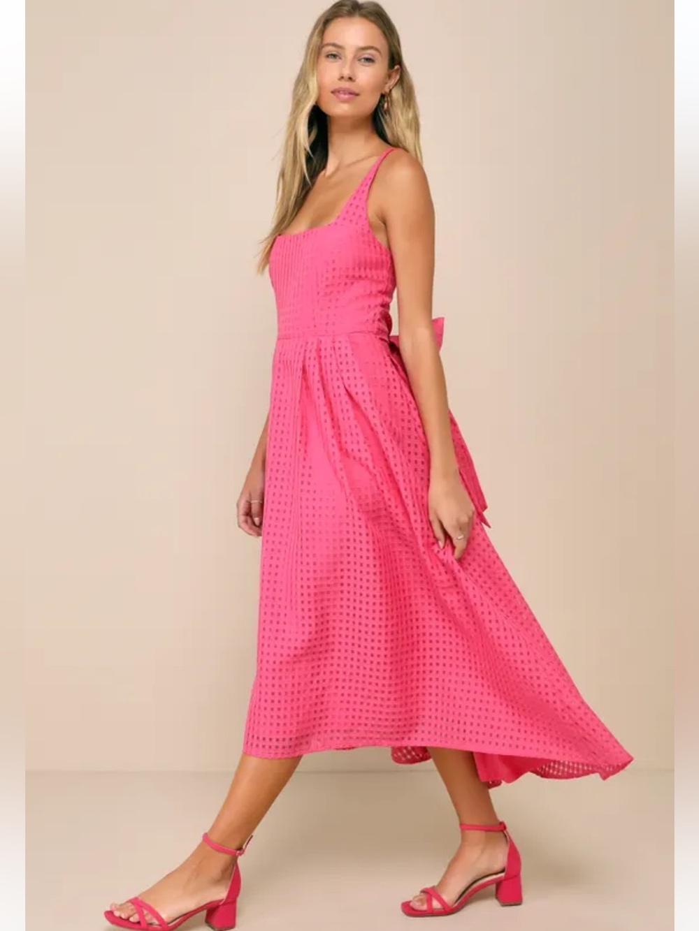 Lulus Definitely Stunning Hot Pink Barbie Core Gingham Burnout Midi Dress NWT M - Picture 2 of 16